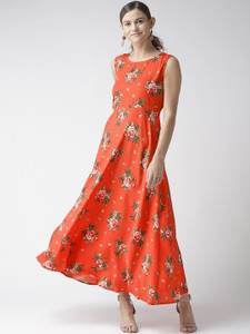 U&F Women Maxi Green, White, Orange Full Length Dress