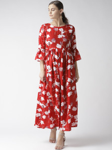 U&F Women Maxi Red, White Full Length Dress