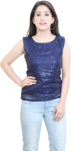 CRAZEVILLA Party Sleeveless Embellished Women Dark Blue Top