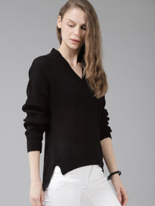 Roadster Striped V Neck Casual Women Black Sweater