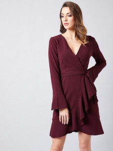 ATHENA Women Wrap Maroon Above Knee/Mid Thigh Length Dress