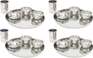 LIMETRO STEEL Pack of 24 Steel Heavy Guage high Quality 24 Pcs(4 Dinner Plate, 4 Glass, 8 Bowl/Wati, 4 Spoon, 4 Halva Plate) Modern Look Stainless Steel Dinner Set Dinner Set