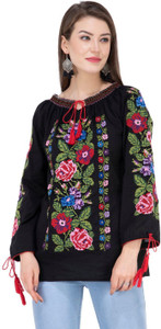 SAAKAA Casual Full Sleeve Embroidered Women Black Top