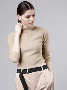 Tokyo Talkies Solid Turtle Neck Casual Women Beige Sweater