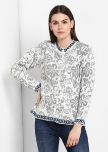 Modeve Floral Print Crew Neck Casual Women White Sweater