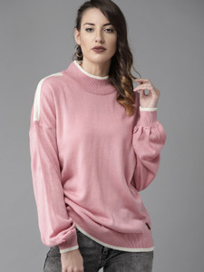 Roadster Solid Round Neck Casual Women Pink Sweater