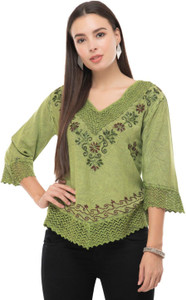 SAAKAA Casual Regular Sleeve Embroidered Women Green Top