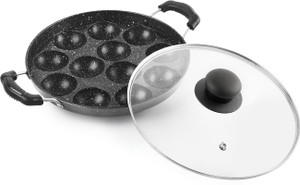 cello 12-Cavity Heavy Weight Non Stick Aluminium Appam Maker Pan Paniarakkal with Lid 1 L capacity 24 cm diameter