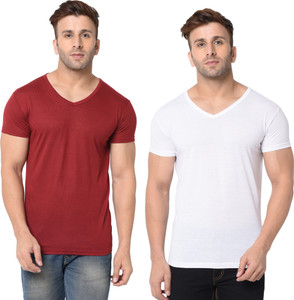 Jangoboy Solid Men V Neck White, Maroon T-Shirt
