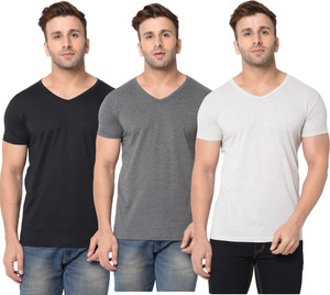 Jangoboy Solid Men V Neck Black, Grey T-Shirt