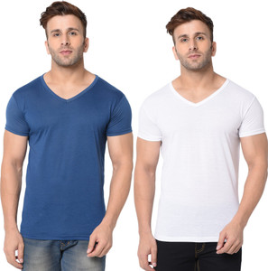Jangoboy Solid Men V Neck Dark Blue, White T-Shirt