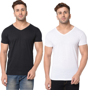 Jangoboy Solid Men V Neck White, Black T-Shirt