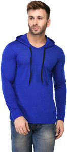 Jaskart Solid Men Hooded Neck Dark Blue T-Shirt