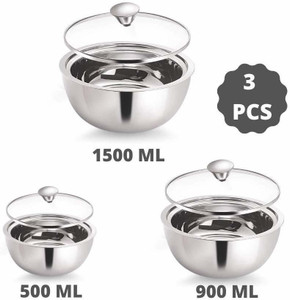 फेस्टडेको Stainless Steel Double Wall Insulated Curry Server- 500ml, 900ml, 1500ml, Set of 3 Silver 3 का पैक सर्व कैसरोल सेट
