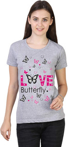 VEERAA CLOTHING Printed Women Round Neck Grey T-Shirt