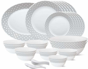 बोरोसिल Black Grey Cone Tiara {{1-Piece 13" Rice Plate}} {{6-Piece 11" Full Plate}} {{6- Piece 7" Quarter Plate}} {{6- Piece 4.5" Veg Bowl}} {{2-Piece 8" Serving Bowl}} {{6-Piece 5" Soup Bowl}} {{6- Piece Spoons}} 33 का पैक डिनर सेट