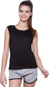 Ap'pulse Solid Women Henley Neck Black T-Shirt