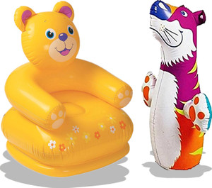 TOYLAND Combo Happy Animal Teddy Sofa/ Chair (Yellow) & Tiger Shape 3-D Punching Hit Me Bag, Multi Color Inflatable Sofa/ Chair
