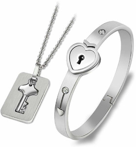 SILVOSWAN Platinum Plated Heart Love Lock Bracelet with Lock Key Pendant Silver Stainless Steel