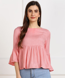 PEOPLE Casual 3/4 Sleeve Self Design Women Pink Top