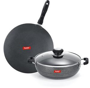 Sumeet NonStick Airgead Cookware Set (Kadhai With Glass Lid -2Ltr - 22Cm Dia + Conceve / Roti Tawa - 28Cm Dia) Non-Stick Coated Cookware Set