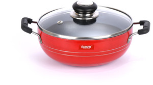 Sumeet Summet 2.6mm Non Stick Glasso Deep Kadhai With Glass Lid - 1.5 Ltr - 20cm Dia (Red) Kadhai 20 cm diameter with Lid 1.5 L capacity