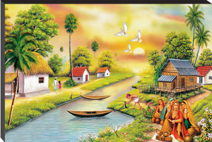 मस्तोने Beautiful Natural Scenery of Village Self Adhesive MDF Painting डिजिटल रीप्रिंट 12 inch x 18 inch पेंटिंग