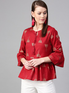 Rare Roots Casual Bell Sleeve Printed Women Maroon Top