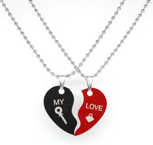 vien Valentine Special For Couple Red / Black plated My Love Dual Broken Heart Pendant Chain for Girls & Boys Rhodium Stainless Steel Pendant Necklace Black Silver, Rhodium Stainless Steel Locket Set