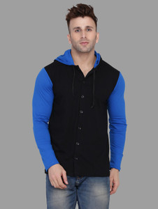Money Leaf Solid Men Hooded Neck Black, Blue T-Shirt