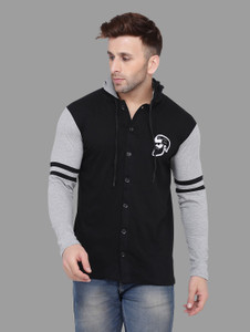 Trendfull Solid Men Hooded Neck Black, Grey T-Shirt