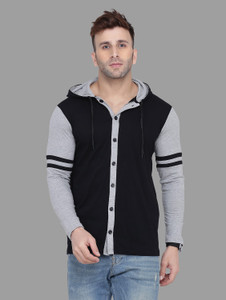 Trendfull Solid Men Hooded Neck Black, Grey T-Shirt