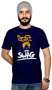 Workshop Market Graphic Print Men Round Neck Dark Blue T-Shirt