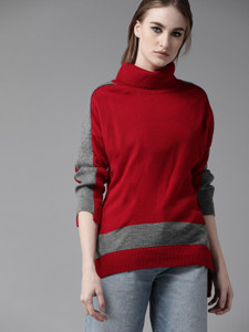 Roadster Solid Turtle Neck Casual Women Red Sweater