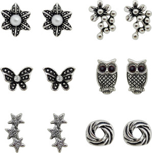 FRESH VIBES Oxidised Silver Daily Wear Combo Earrings for Girls - Fancy & Stylish Metal Studs Tops Ear rings Pack for Womens Alloy Stud Earring