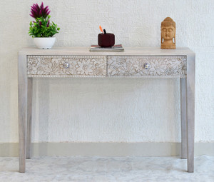 SamDecors Solid Wood Two Drawer Evan Carving Console Hall Table White Solid Wood Console Table