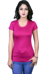 Deep Collection Solid Women Round Neck Pink T-Shirt