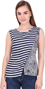 JaypurTextile Casual Sleeveless Striped Women Dark Blue Top
