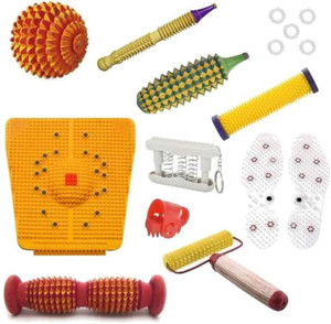 Acufit ACU073 Acupressure Massager Tools Combo Kit for Stress and Pain Relief with Foot Roller (Pyramidal cuts)(Wooden) + Bio - Magnetic Power Mat + Wooden Handle Roller + Thumb Pad + Pocket Exerciser + Shoe Sole + Energy Roller - Soft +Wooden Ball + Wooden Karela + Wooden Jimmy +5 Pc Massage Rings For Stress And Pain Relief Acupressure Tool Kit Massager