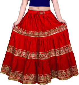 GULKANDI Printed Women Flared Red Skirt