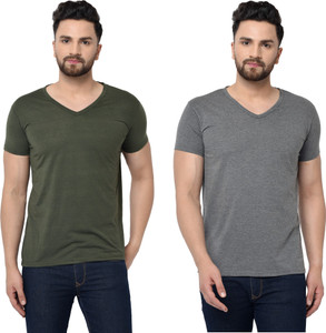 Adorbs Solid Men V Neck Dark Green, Grey T-Shirt