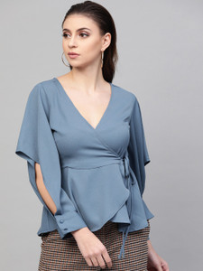 SASSAFRAS Casual Cuffed Sleeve Solid Women Blue Top