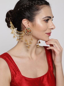 Priyaasi Navratan 18K Gold-Plated Beaded Handcrafted Jhumkas With Ear Chain Brass Drops & Danglers