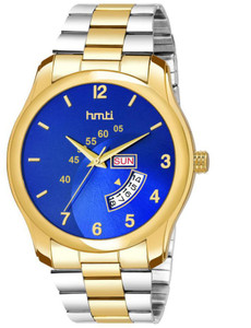 HMTI HM-5100 Blue Dial Two Tone Gold Plated Metal Strap Day And Date Functioning Analog Watch - For Men