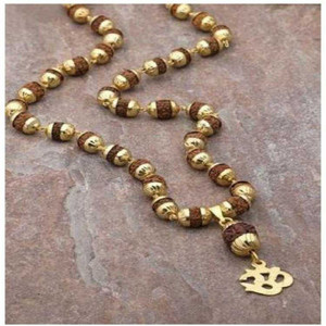 Green Spiritual Religious Jewelry Lord Shiv Locket With Puchmukhi Rudraksha Mala(8MM 36Beads) Gold-plated Plated Brass Chain Set