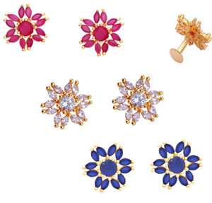 oh wow 1 gram gold plated women american diamond studs earrings combo pack of 3 Cubic Zirconia, Diamond, Blue Sapphire, Ruby Copper, Alloy Stud Earring, Earring Set