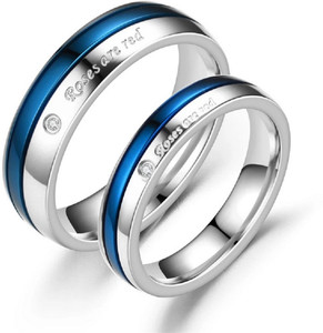 Univocean Titanium Steel Couple Ring Roses are Red Inscribed Silver Blue Color Promise Ring for Men Women Valentine Lovers Ring Set Stainless Steel Crystal Titanium Plated Ring Set
