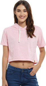 CAMPUS SUTRA Solid Women Hooded Neck Pink T-Shirt