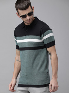 Roadster Striped Men Polo Neck Dark Blue T-Shirt