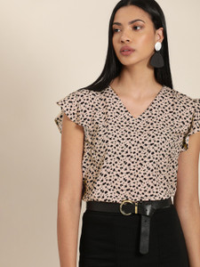 her by invictus Casual Short Sleeve Printed Women Beige Top
